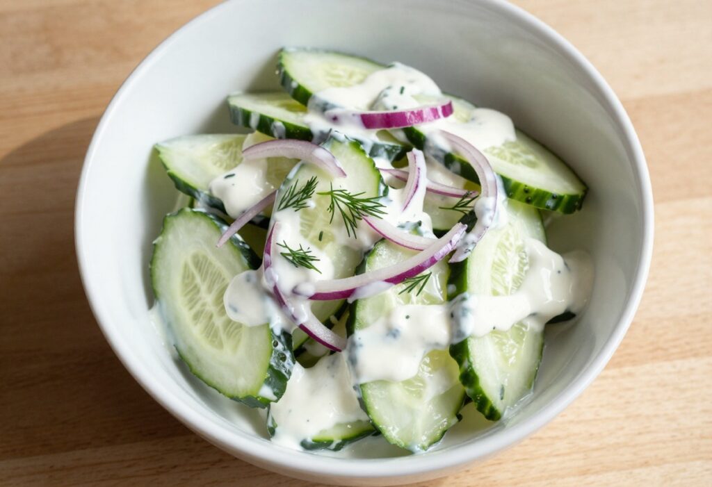 Cool sour cream cucumber salad in a white bowl on a wooden table, overhead view
