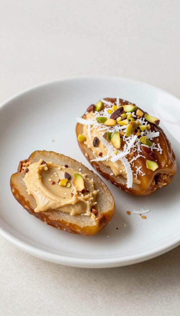 Stuffed dates with almond butter and coconut, a Whole30 dessert recipe, arranged on a plate in natural light.
