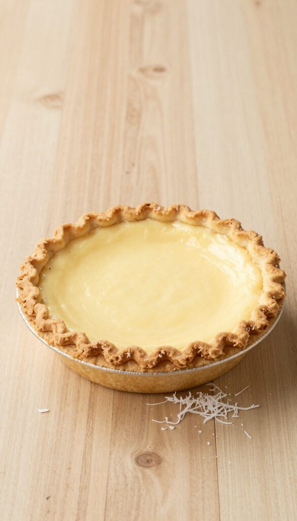 A slice of buttermilk coconut pie with a golden crust and creamy coconut filling, presented on a rustic table in natural light.