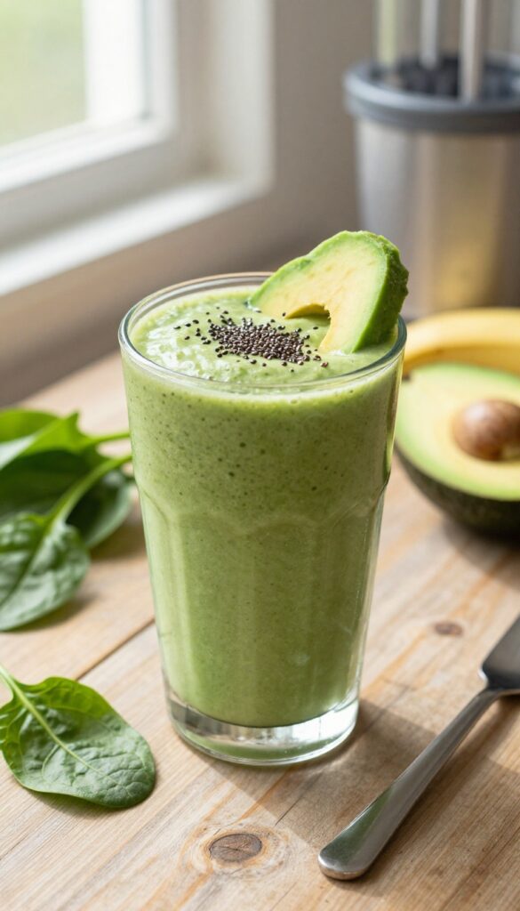 A vibrant green smoothie in a clear glass with avocado slice and chia seeds garnish, surrounded by fresh ingredients like spinach and avocado on a rustic table.