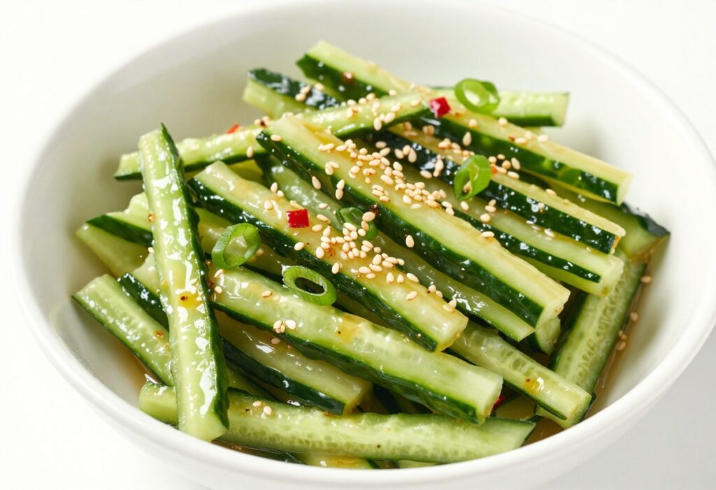 Sesame cucumber salad in a white bowl with sesame seeds and chili flakes