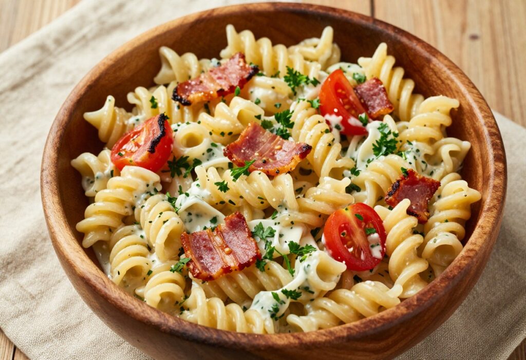 Creamy ranch pasta salad in a wooden bowl with bacon and tomatoes