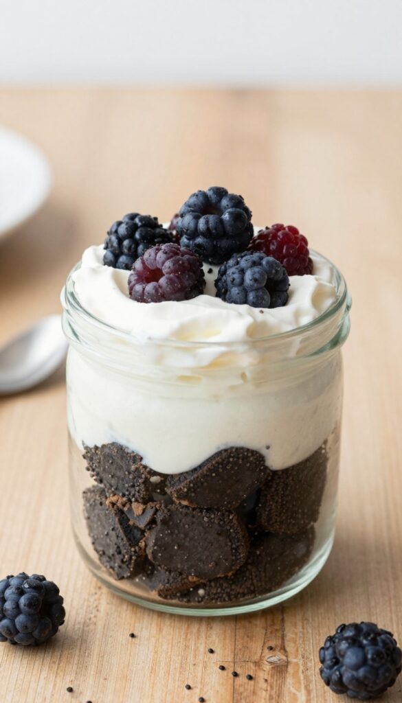 A layered black sesame tofu parfait in a glass jar with crushed cookies and berries, showcasing a creamy, nutty dessert in natural light.