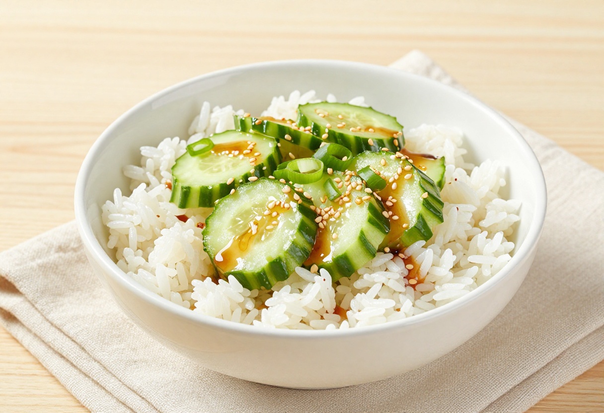 Overhead view of marinated rice and sesame cucumber salad in a white bowl on a wooden table.