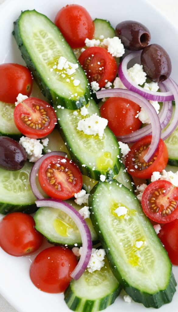 A close-up view of a classic Greek cucumber salad with feta, showcasing fresh ingredients like cucumbers, tomatoes, olives, and feta cheese in a bright, natural setting.