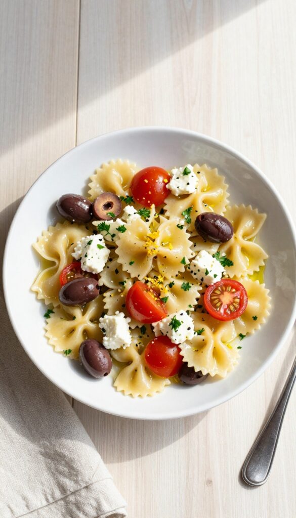 Mediterranean farfalle pasta salad with feta and olives in a bowl
