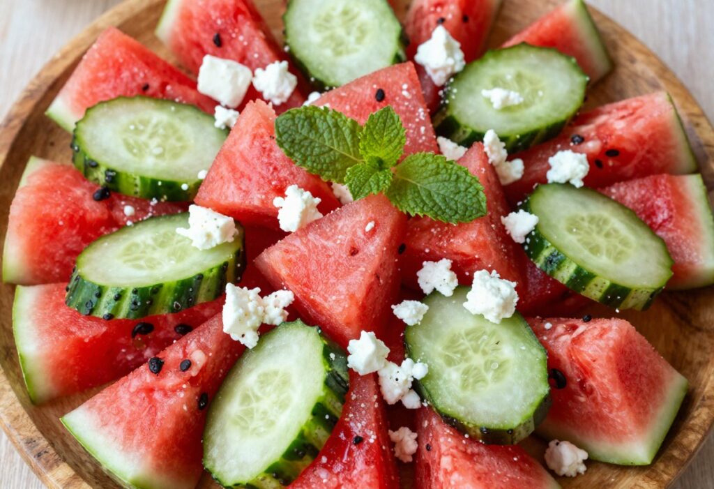 Watermelon cucumber salad with mint and feta cheese arranged on a wooden platter