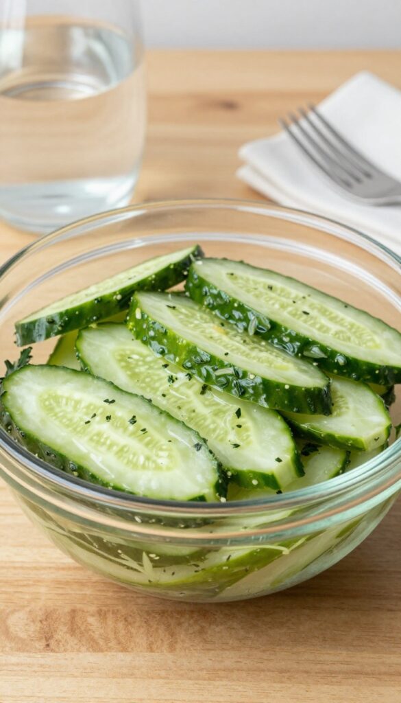 Marinated cucumber salad with herbs, side view with fork