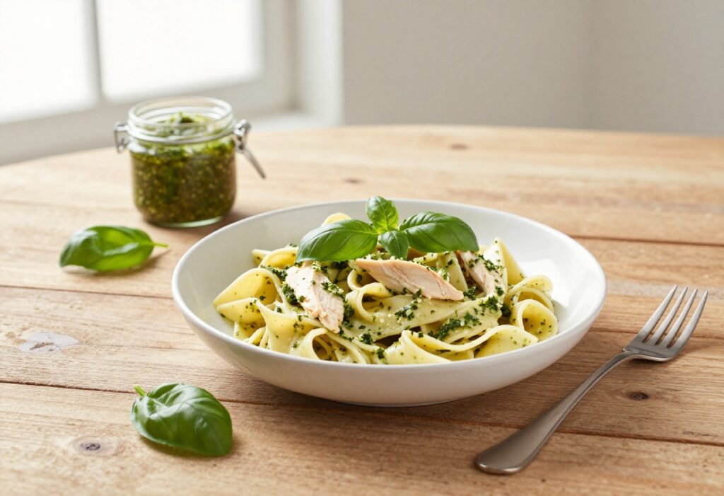 Creamy pesto chicken pasta in a bowl on a wooden table with fresh basil and pesto jar