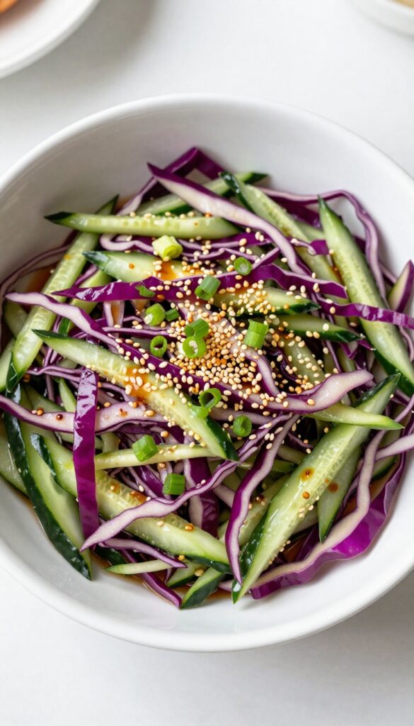 Asian sesame cucumber slaw with shredded red cabbage and toasted sesame seeds in a white bowl on a bright kitchen counter.