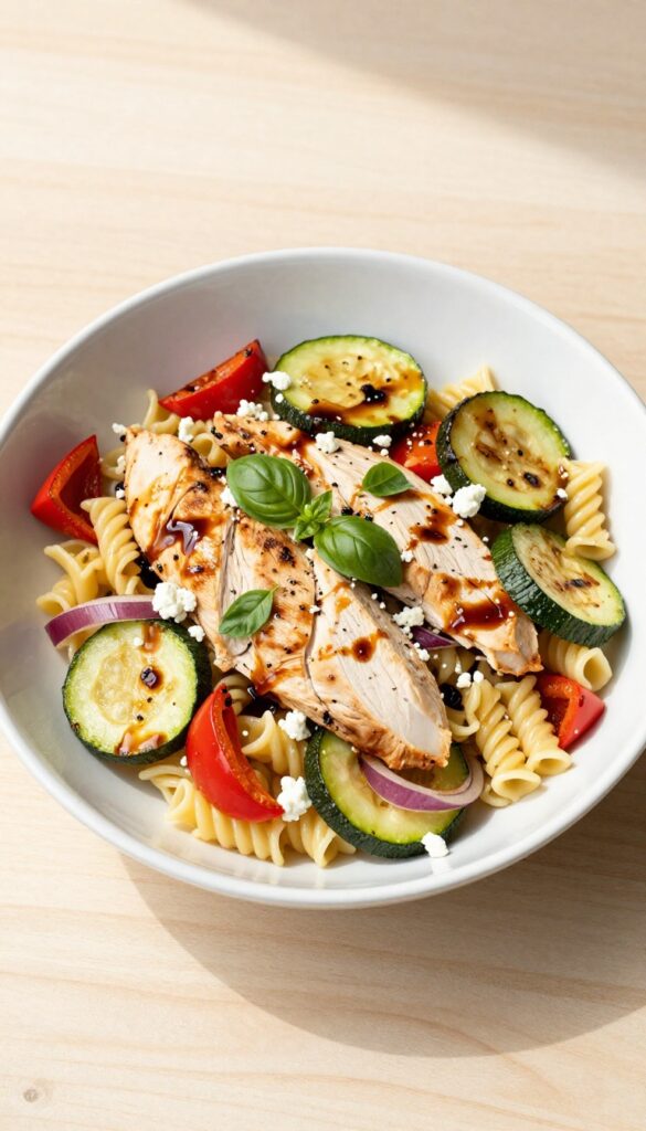 Balsamic chicken pasta salad with roasted vegetables in a white bowl