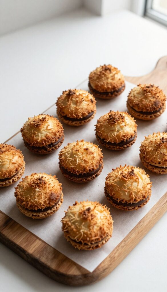 Coconut macaroons on a wooden board, some with chocolate bottoms, in bright natural light.