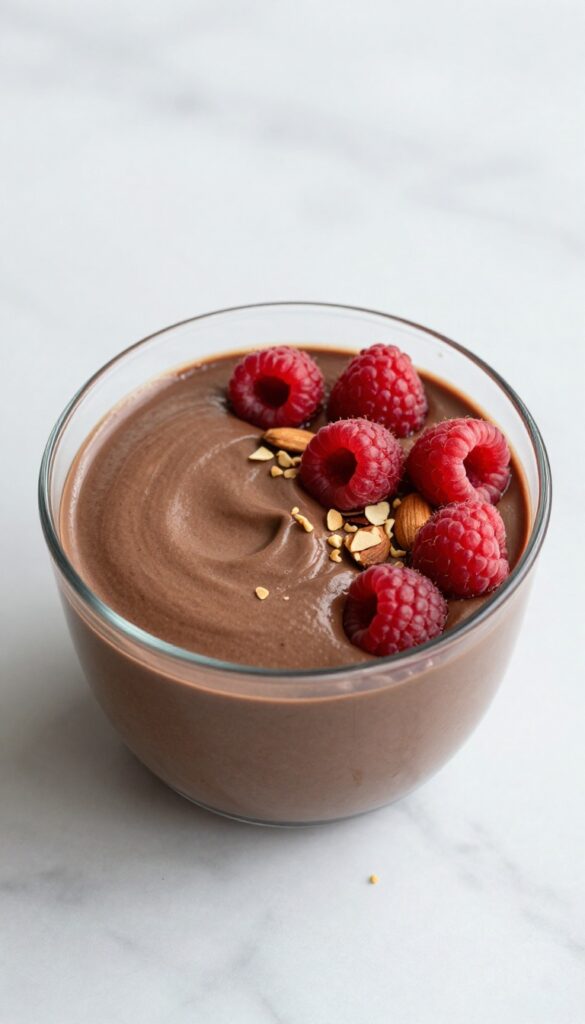 Chocolate avocado mousse in a glass bowl topped with raspberries and almonds on a marble surface.