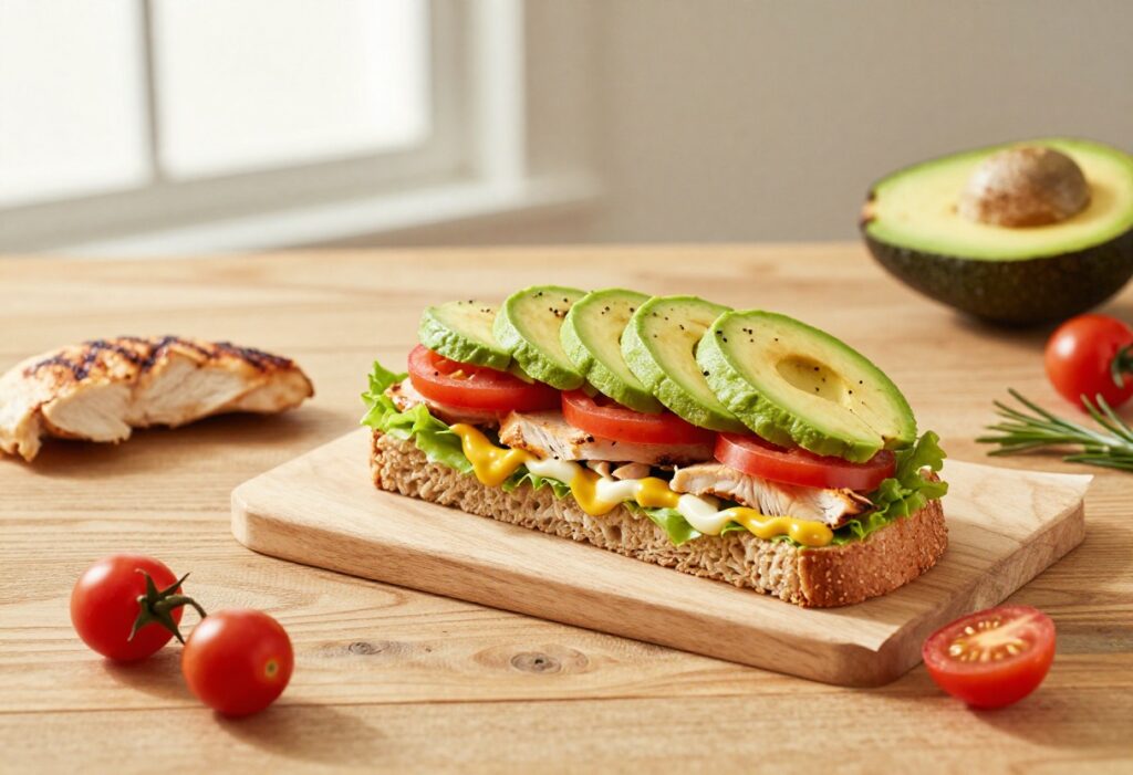 A loaded chicken avocado sandwich on whole grain bread, cut in half, with fresh ingredients on a wooden table.