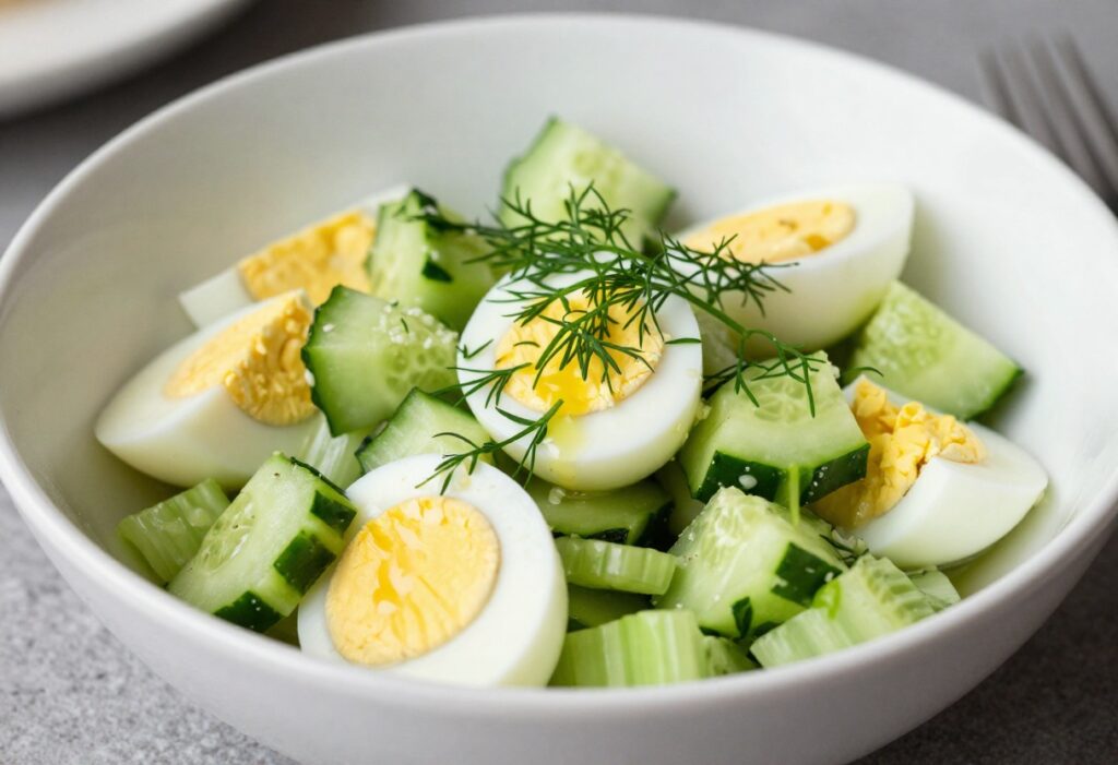 Bowl of egg cucumber salad with fresh dill and lemon dressing