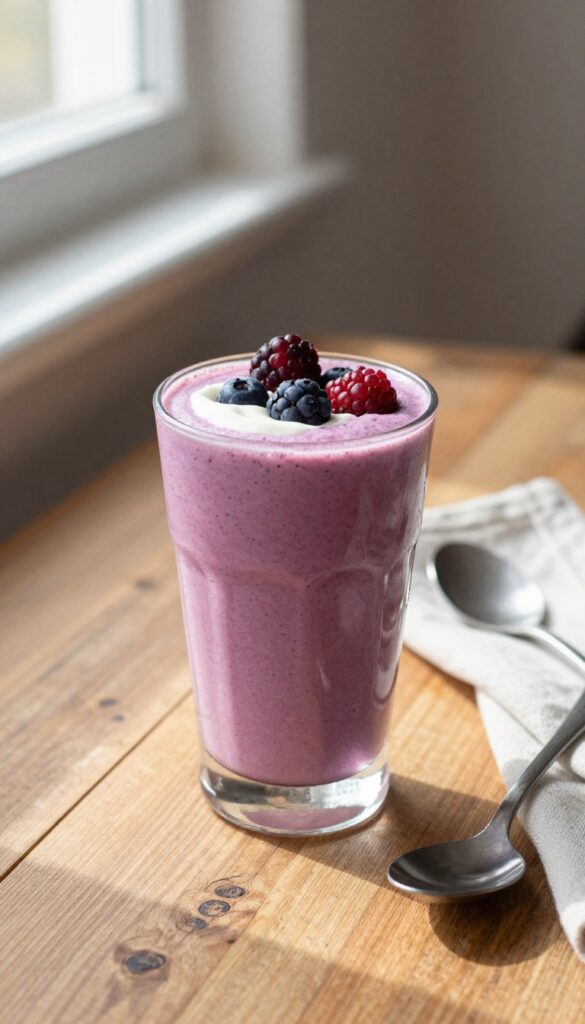 A creamy mixed berry smoothie with yogurt in a glass on a wooden table, bathed in natural morning light for a cozy breakfast scene.
