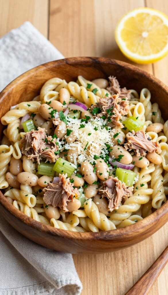 Mediterranean tuna and white bean pasta salad in a wooden bowl on a sunlit table