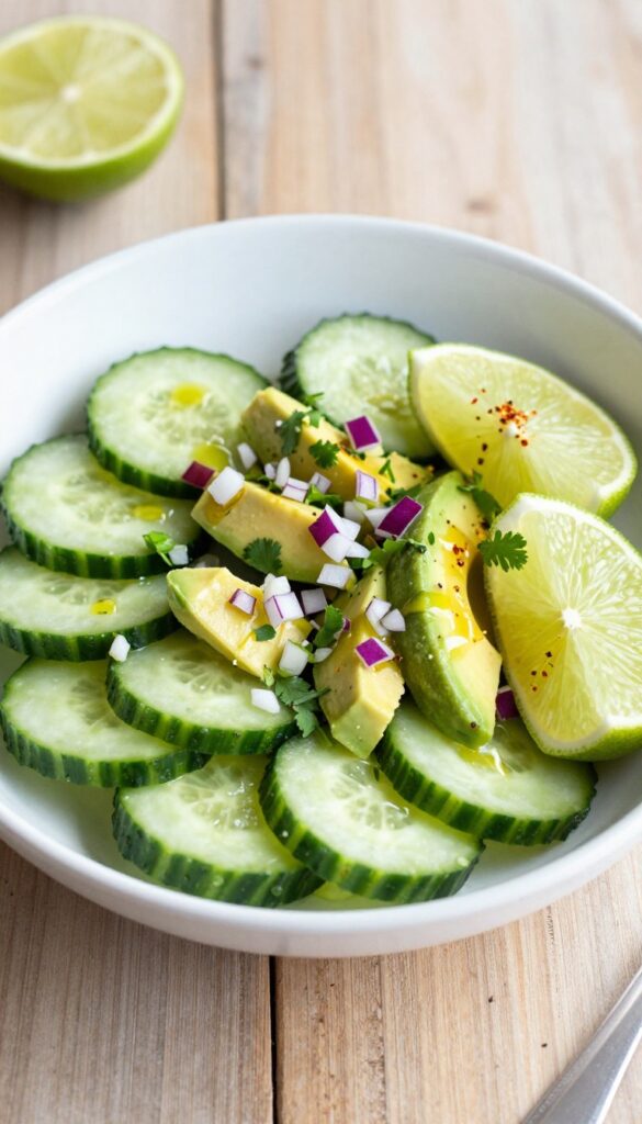 A refreshing cucumber and avocado salad with red onion, cilantro, lime juice, and olive oil, served in a bowl on a wooden table, perfect as a quick side or topping.