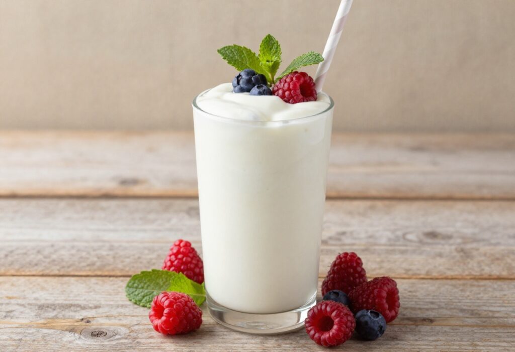 A creamy fruit smoothie with yogurt in a glass, topped with fresh berries and mint, on a wooden table.
