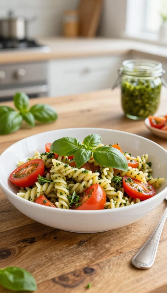 Close-up of basil pesto pasta salad with tomatoes and mozzarella, fork on the side.