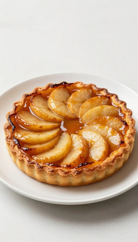A close-up of a Tarte Tatin, showing caramelized apples and golden puff pastry, served on a white plate in natural light.