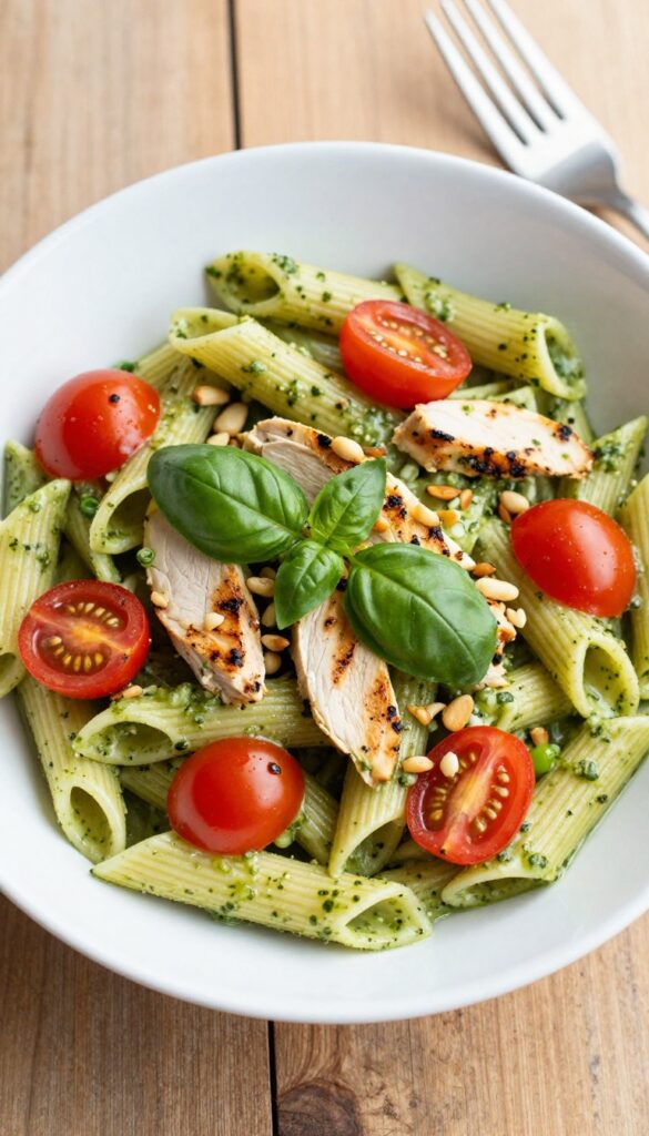Creamy pesto and grilled chicken pasta salad in a white bowl on a wooden table
