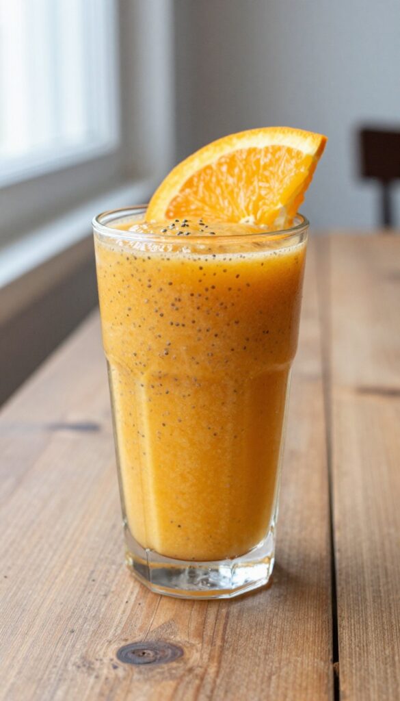 A refreshing citrus chia seed smoothie in a glass, garnished with an orange slice, representing a healthy family breakfast option.