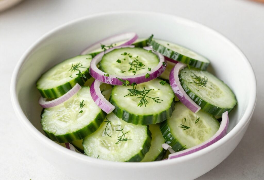 Bright onion cucumber salad with fresh herbs in a white bowl