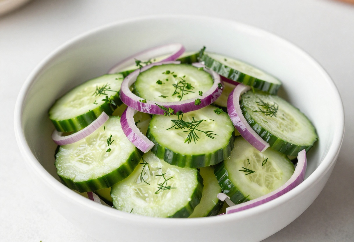 Bright onion cucumber salad with fresh herbs in a white bowl