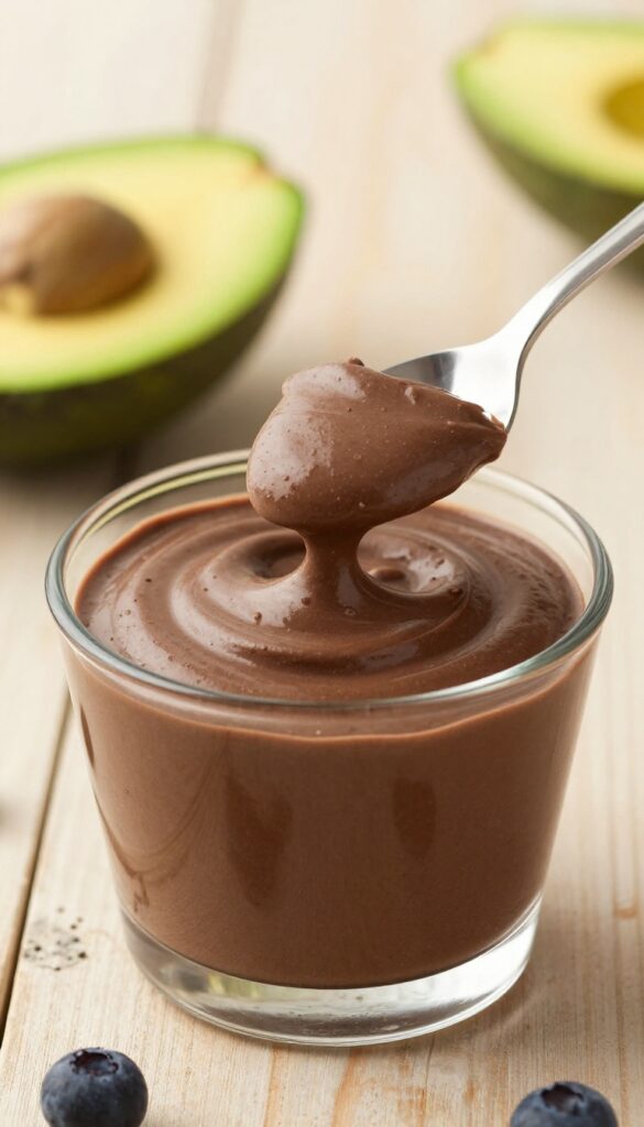 A creamy chocolate avocado mousse dessert in a glass bowl, garnished with berries and avocado halves, presented in natural light for a healthy paleo recipe blog.
