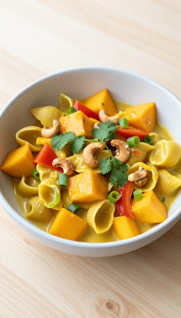Cold mango curry cashew pasta salad in a bowl on a wooden table.