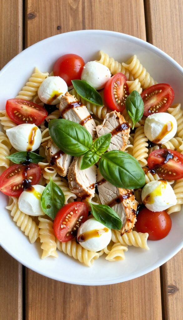 Caprese chicken pasta salad with cherry tomatoes, mozzarella pearls, basil, and balsamic glaze