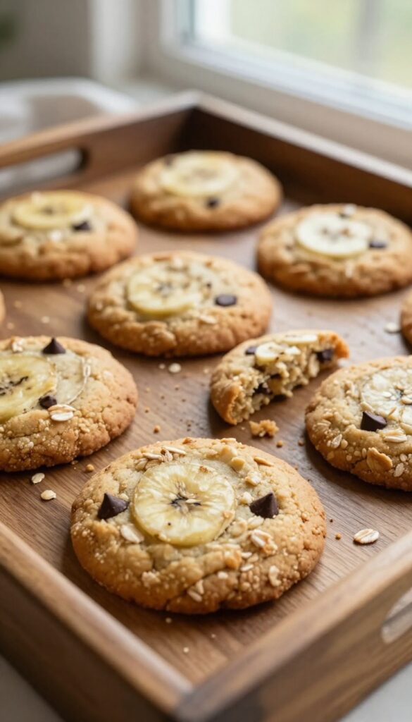 Freshly baked banana oat cookies on a wooden tray