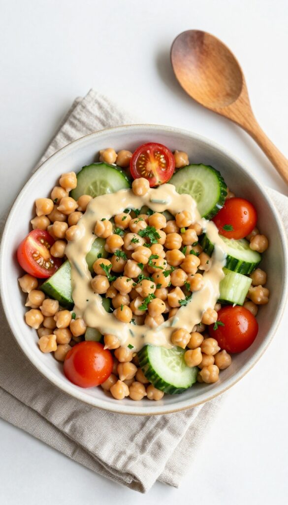 Chickpea and cucumber salad with lemon-tahini dressing in a ceramic bowl, overhead view