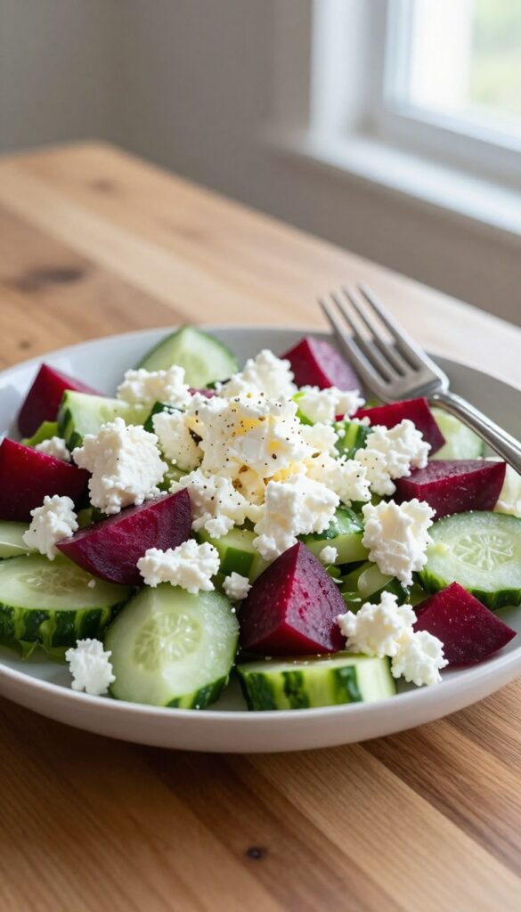 Side view of beet salad with goat cheese and cucumbers on a wooden table