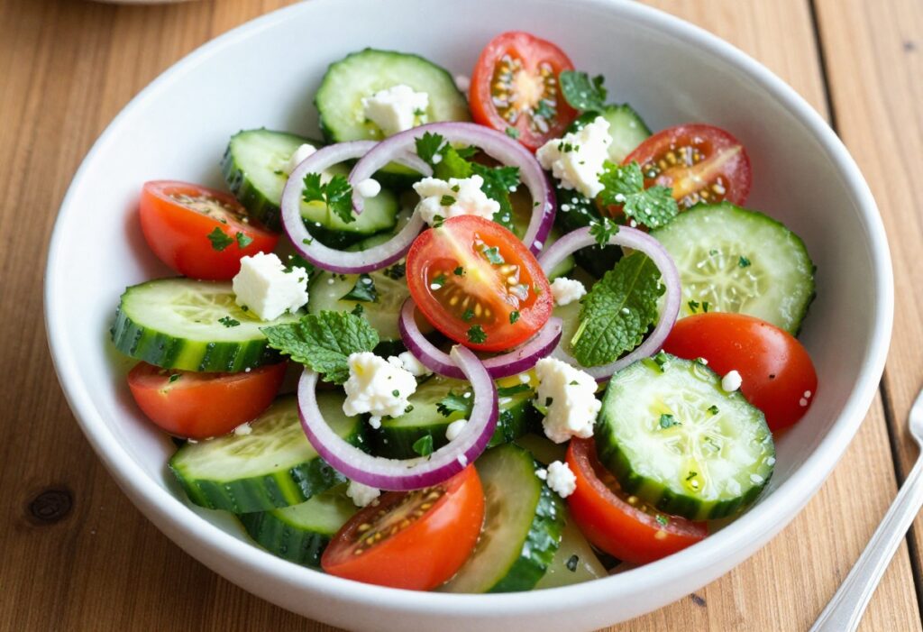 A fresh Mediterranean cucumber salad with feta, tomatoes, and herbs in a white bowl