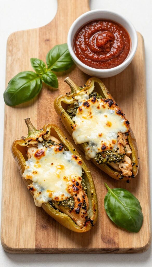 Baked pesto chicken stuffed peppers with melted cheese on a wooden board with basil and pesto