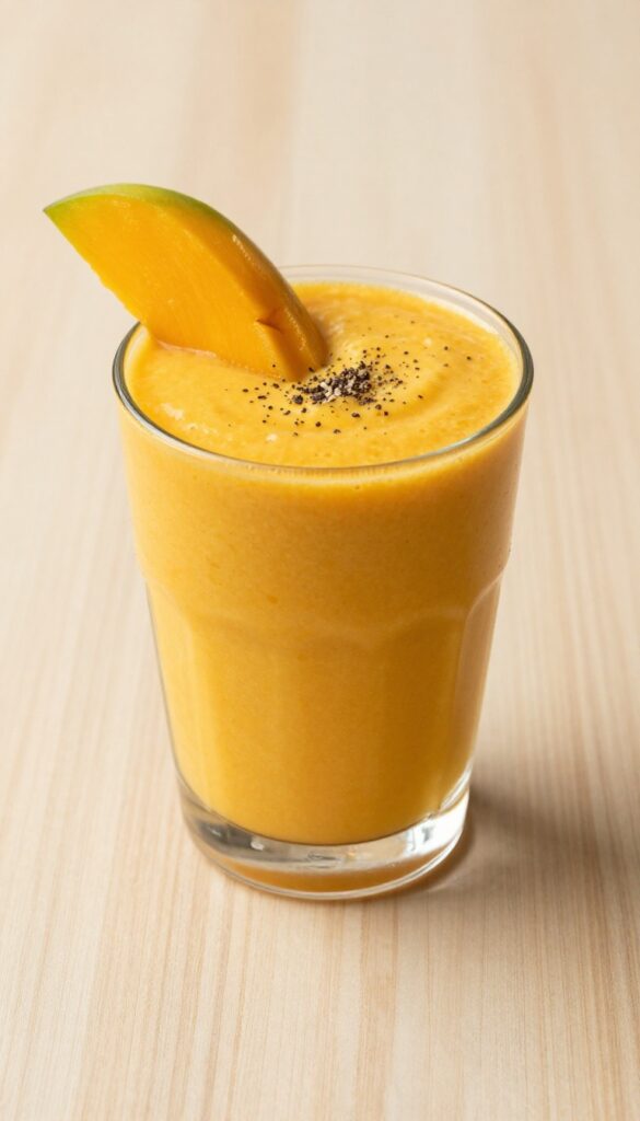 A vibrant mango turmeric smoothie in a glass, garnished with mango slice and black pepper, on a light wooden table in natural light.