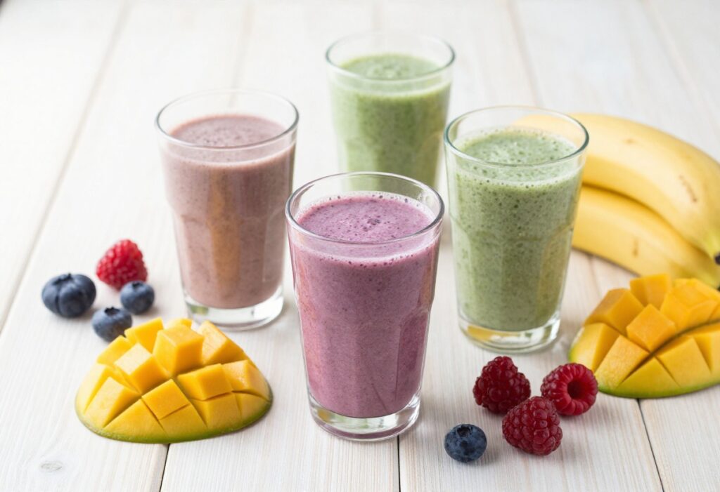 Assortment of colorful protein smoothies in glasses with fresh fruit garnishes on a wooden table