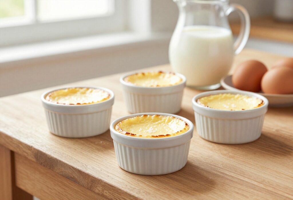 Creamy egg custard cups on a wooden table with natural light, representing carnivore dessert recipes.