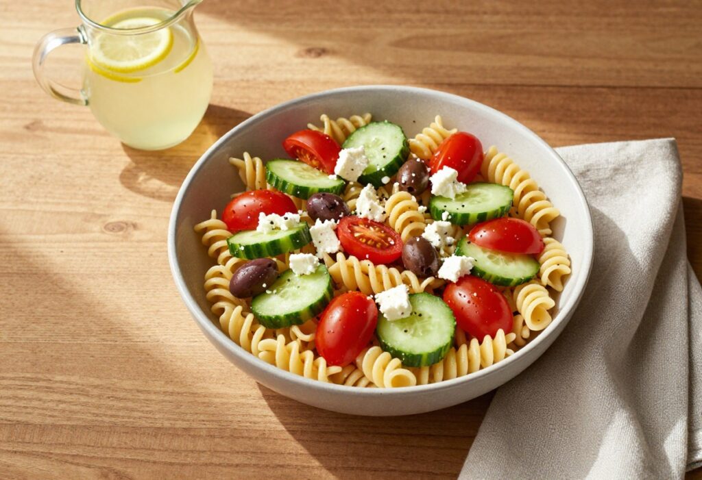 Overhead view of a bowl of Mediterranean pasta salad with tomatoes, cucumbers, olives, and feta on a wooden table with lemonade.