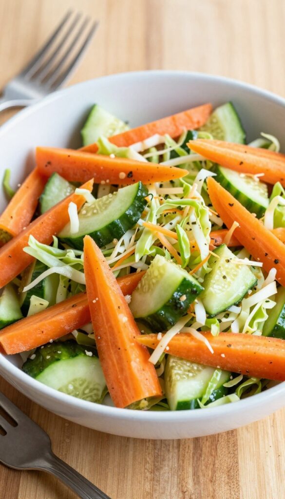 Cabbage and carrot cucumber salad in a bowl on a wooden table with a fork