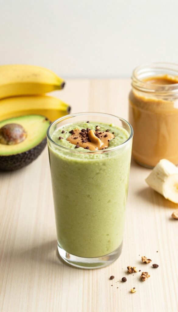 Protein-packed avocado peanut butter smoothie in a glass with peanut butter drizzle, cocoa nibs, and granola bits, surrounded by ingredients on a wooden table.