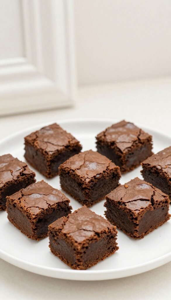 A close-up of fudgy brownies with a crackly top, showcasing their moist interior and shiny crust, ideal for a dessert recipe blog.