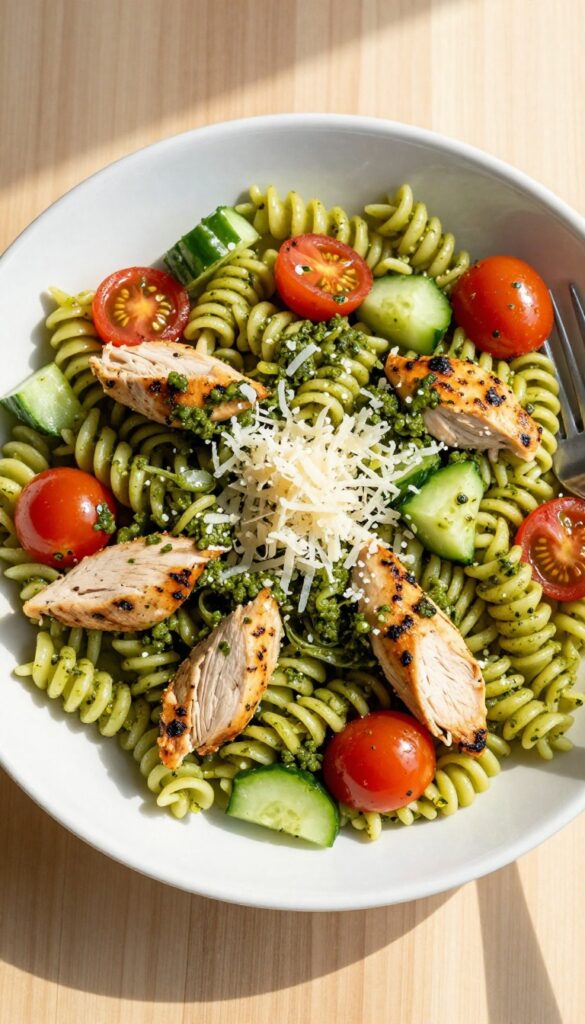 Bright overhead view of a bowl of pesto pasta salad with chicken, cherry tomatoes, cucumber, and Parmesan cheese.