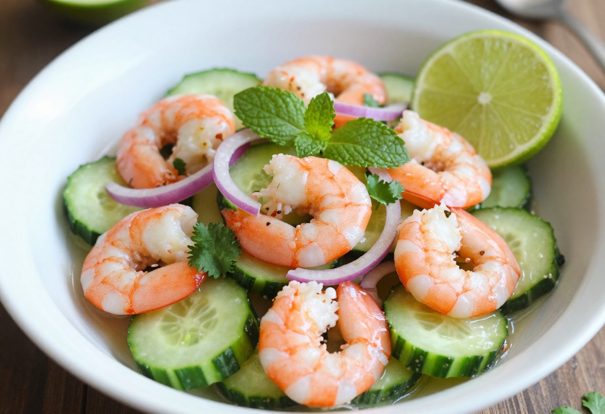 Zesty shrimp cucumber salad with lime and herbs in a white bowl