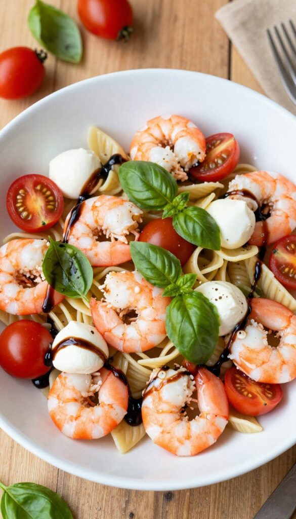 Caprese shrimp pasta salad with balsamic glaze in a white bowl on a wooden table.