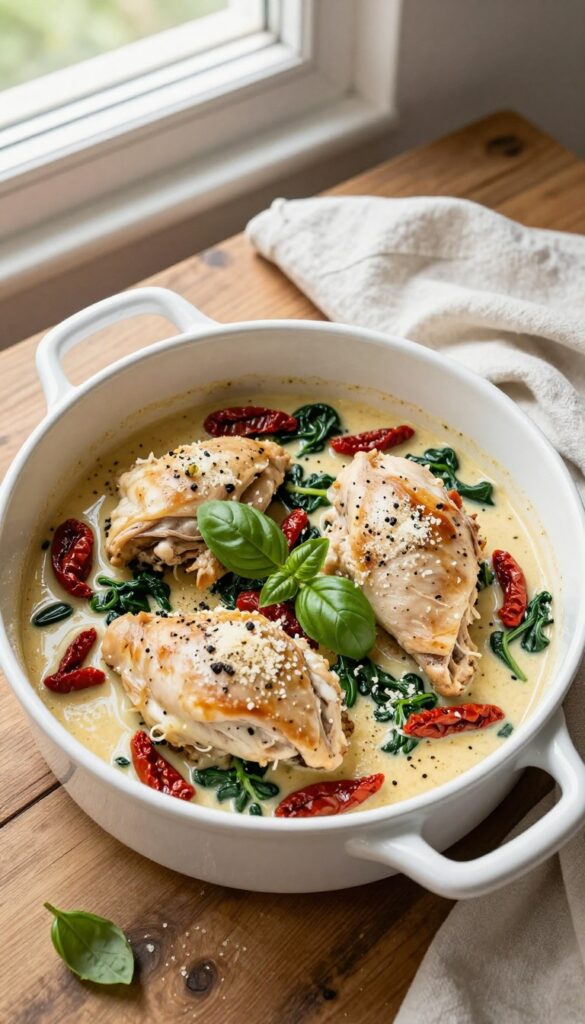 Creamy Tuscan chicken with sun-dried tomatoes and spinach in a crockpot