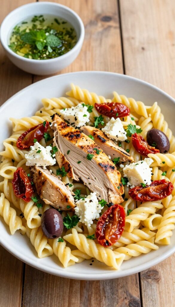 Mediterranean grilled chicken pasta salad with feta, olives, and fresh herbs on a wooden table.