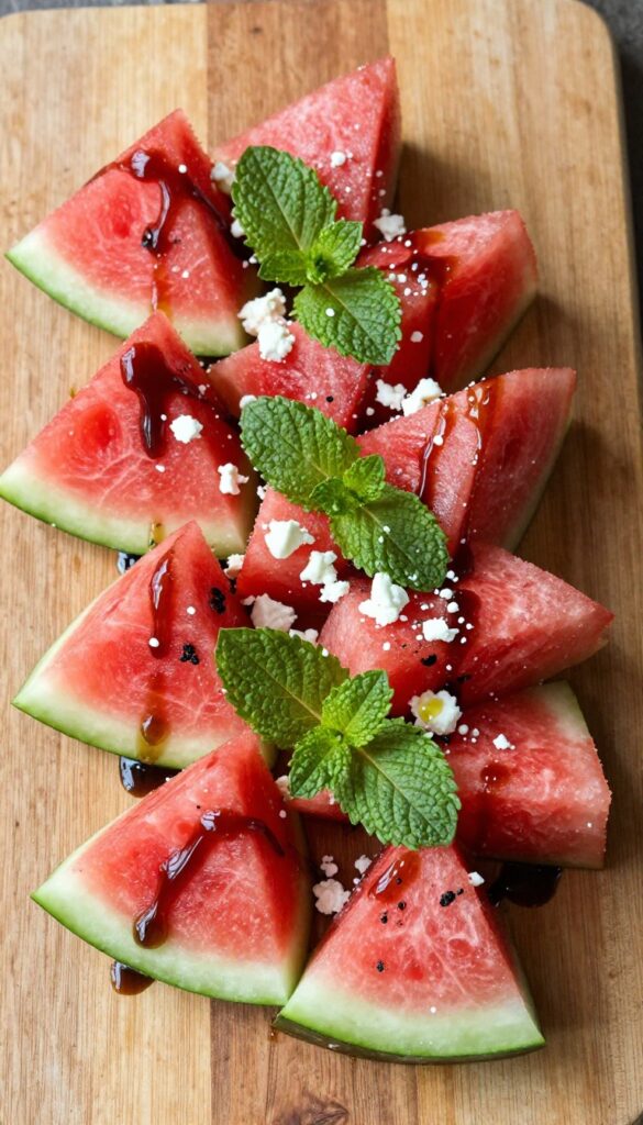 Cucumber and watermelon salad with feta cheese and mint, drizzled with balsamic glaze on a wooden table.